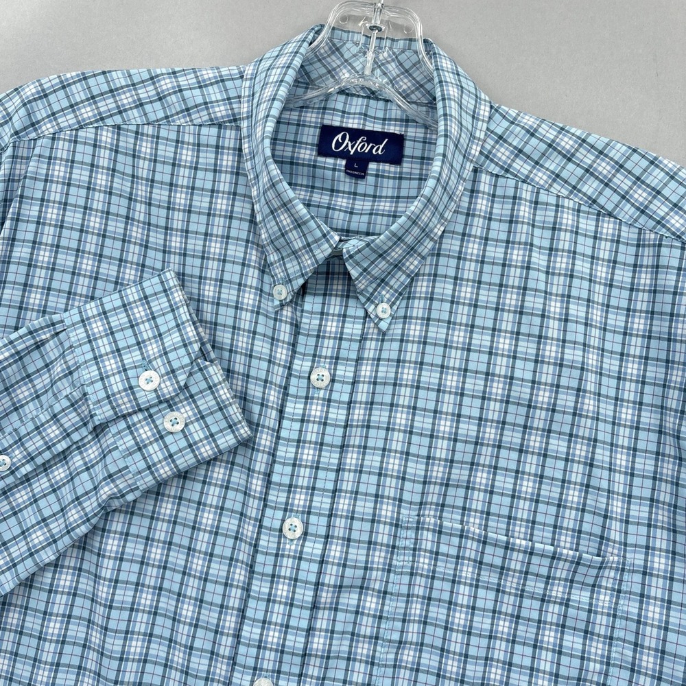 Oxford Shirt Mens Large Blue Plaid Performance Button Down Long Sleeve Stretch